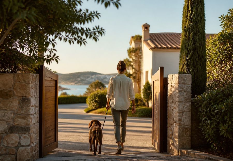 Abholung eines Hundes vor einer Villa