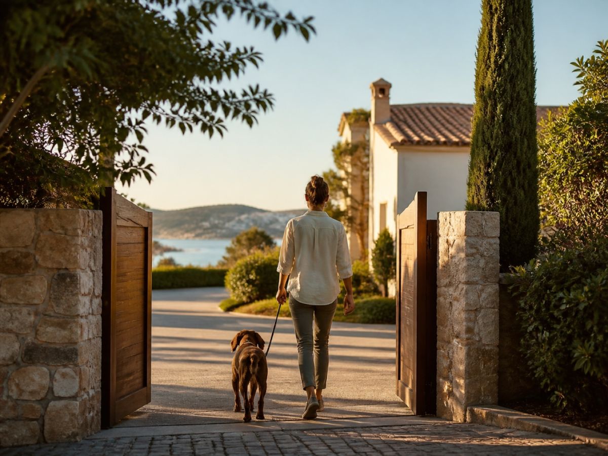 Abholung eines Hundes vor einer Villa