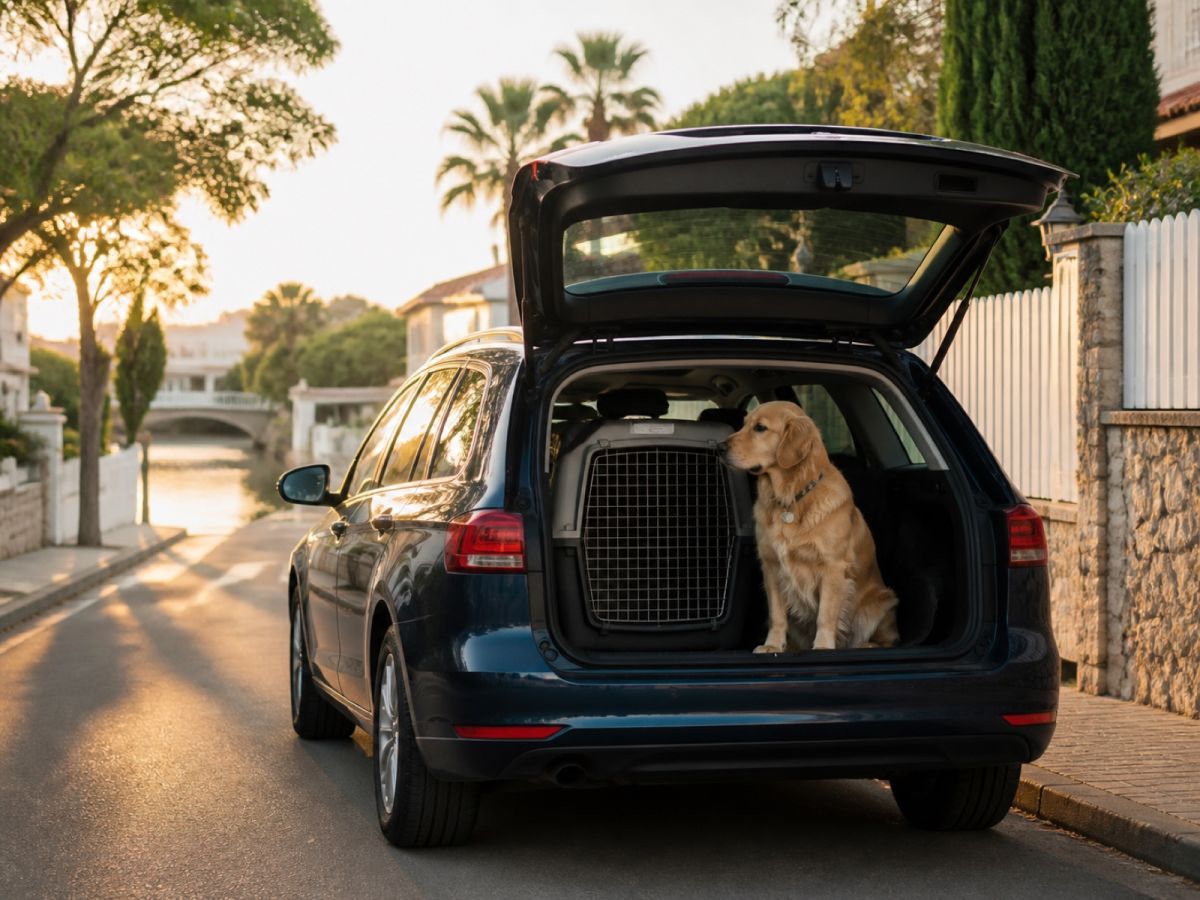 Hundetransport mit Transportbox vor einer Wohnstraße