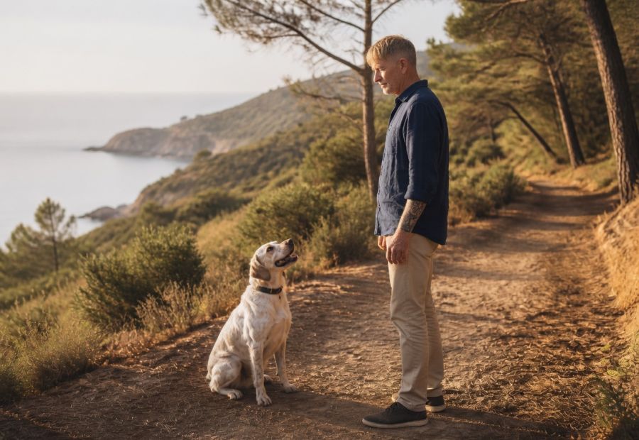 Einzeltraining mit einem Hund auf einem mediterranen Weg