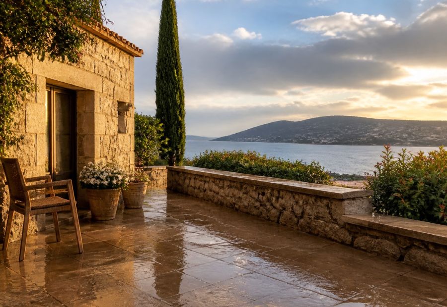 Nasse Terrasse einer Villa nach einem Schauer