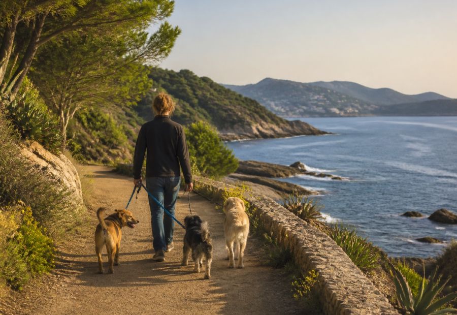 Kleine Gruppe sozialverträglicher Hunde mit einer Begleitperson