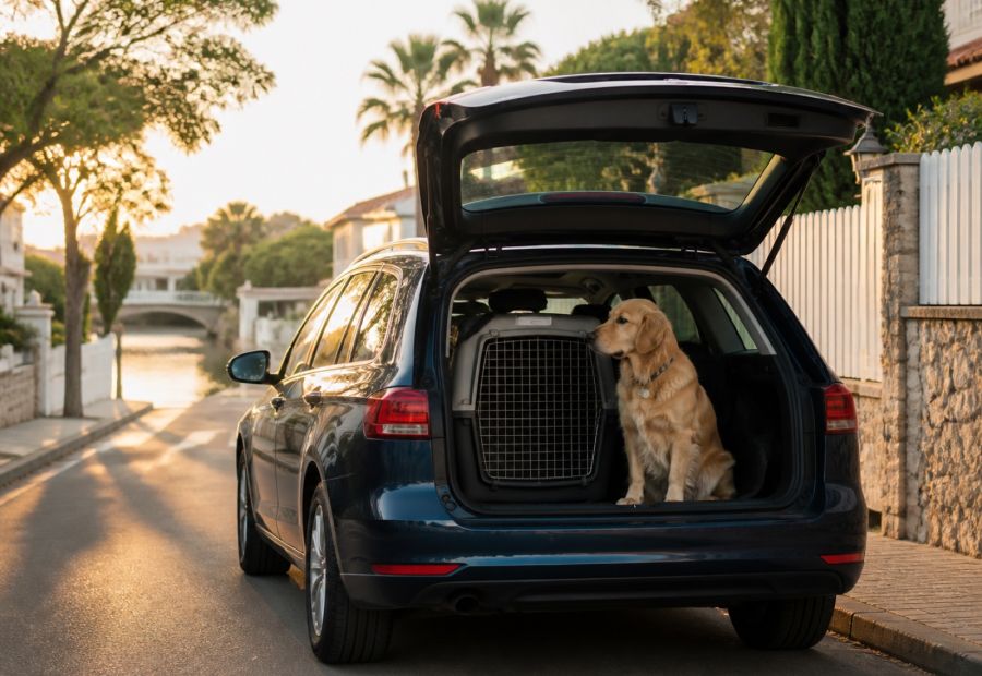 Hundetransport mit Transportbox vor einer Wohnstraße