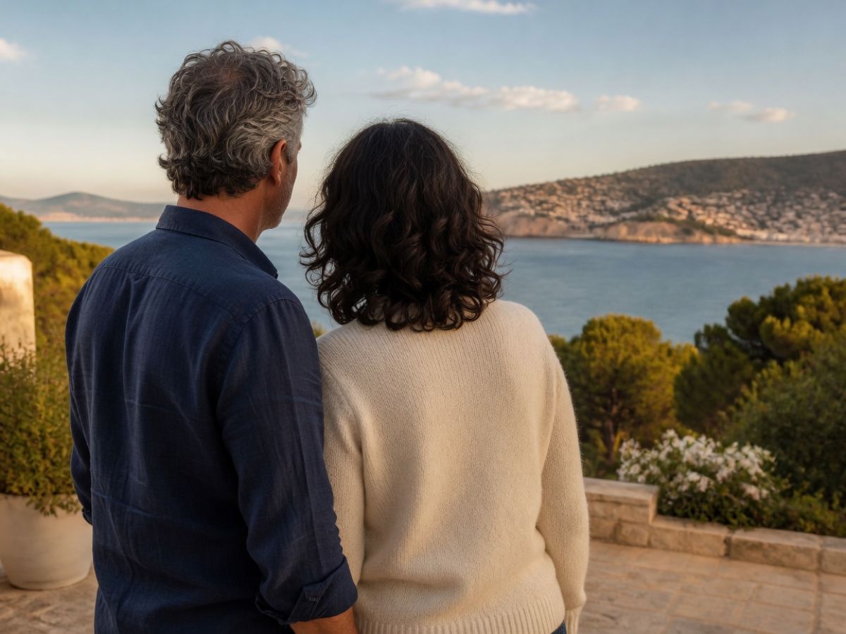 Paar auf einer mediterranen Terrasse, Blick ins Grüne