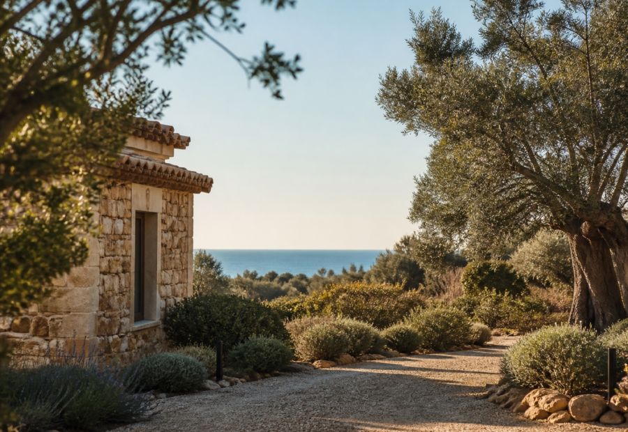 Olivenbäume im Garten einer mediterranen Villa